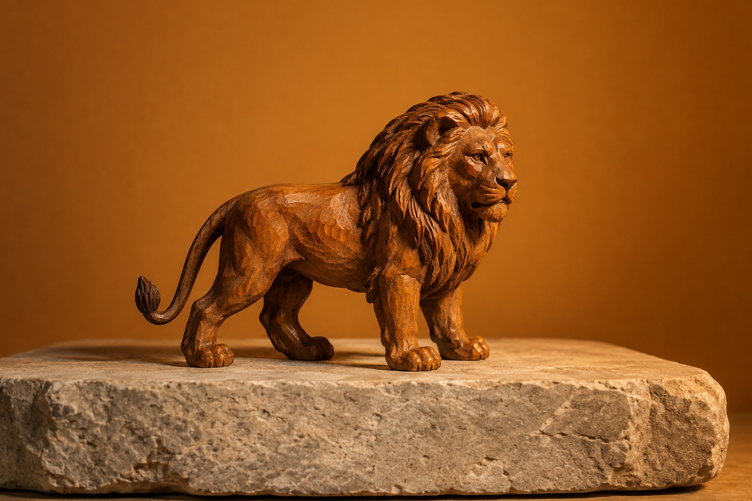 A small carved wooden lion figurine standing on a pale grey stone slab