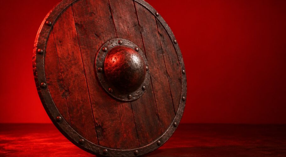A round wooden Viking shield with an iron boss against a plain red backdrop
