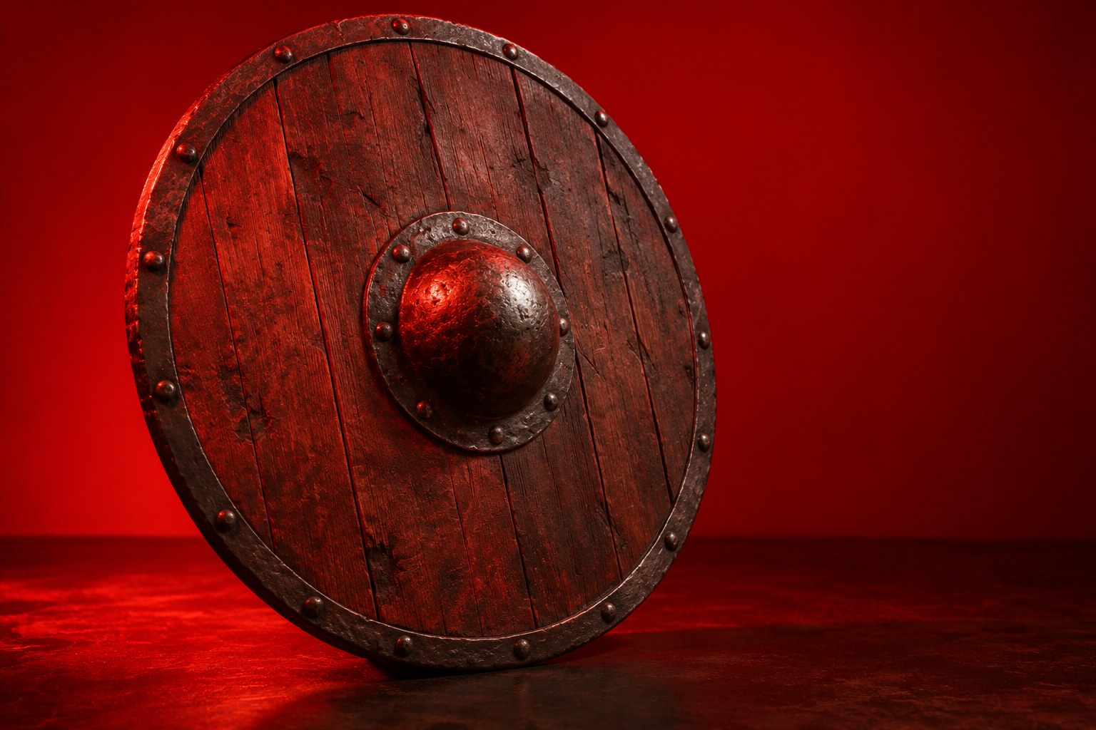 A round wooden Viking shield with an iron boss against a plain red backdrop