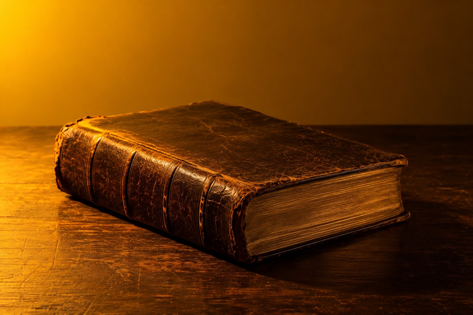 A closed worn leather bible on a dark desk