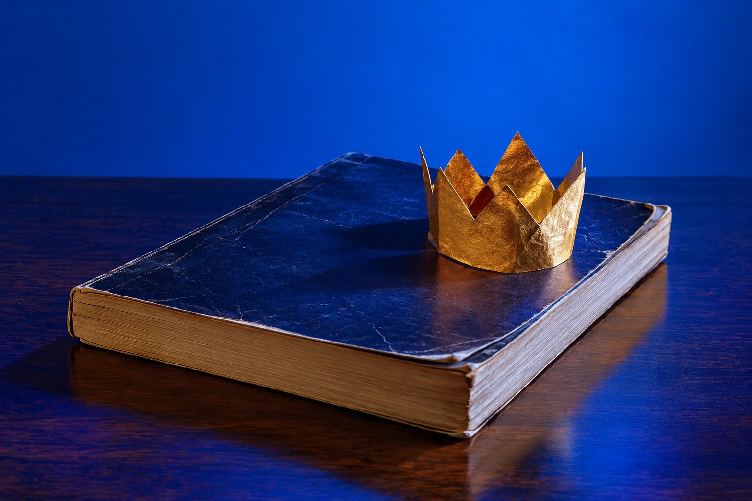 A closed worn paperback book of plays with a small gold paper crown resting on top on a dark wooden desk in 1990s Australia