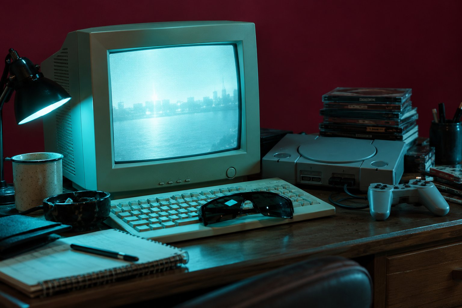 Dark wraparound sunglasses on a keyboard beside a games console and game cases on a bedroom desk in 1990s Australia.