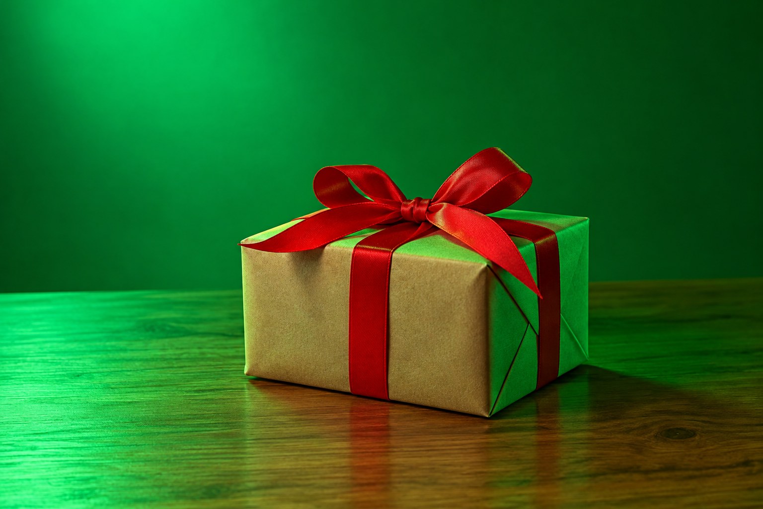 A small gift box tied with a red ribbon on a wooden table in green light