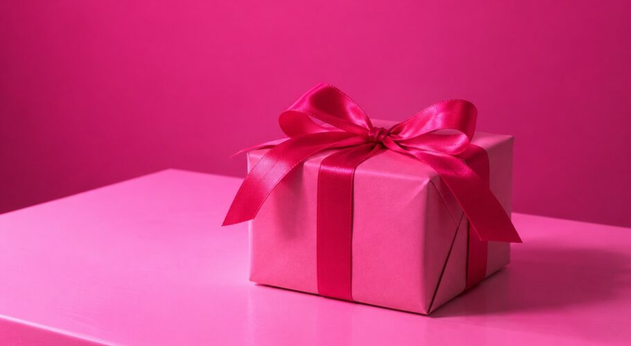 A small ribbon wrapped gift box on a white table under soft pink light