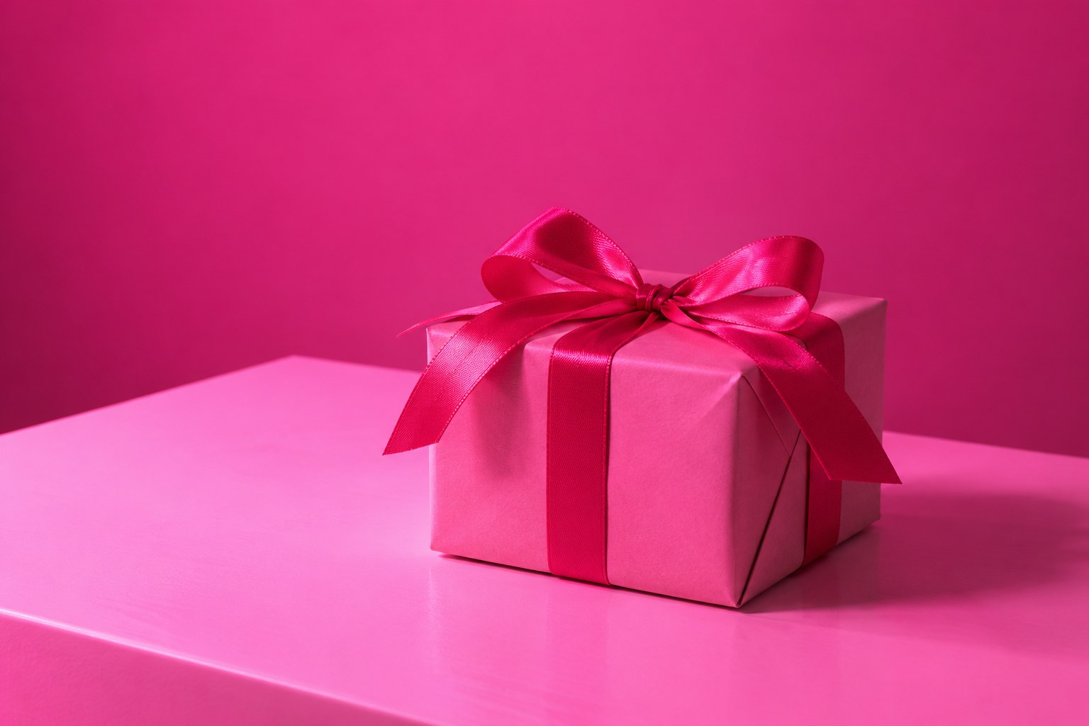 A small ribbon wrapped gift box on a white table under soft pink light