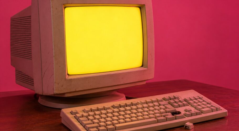 A beige CRT monitor with a fully yellow screen and a keyboard with a missing key