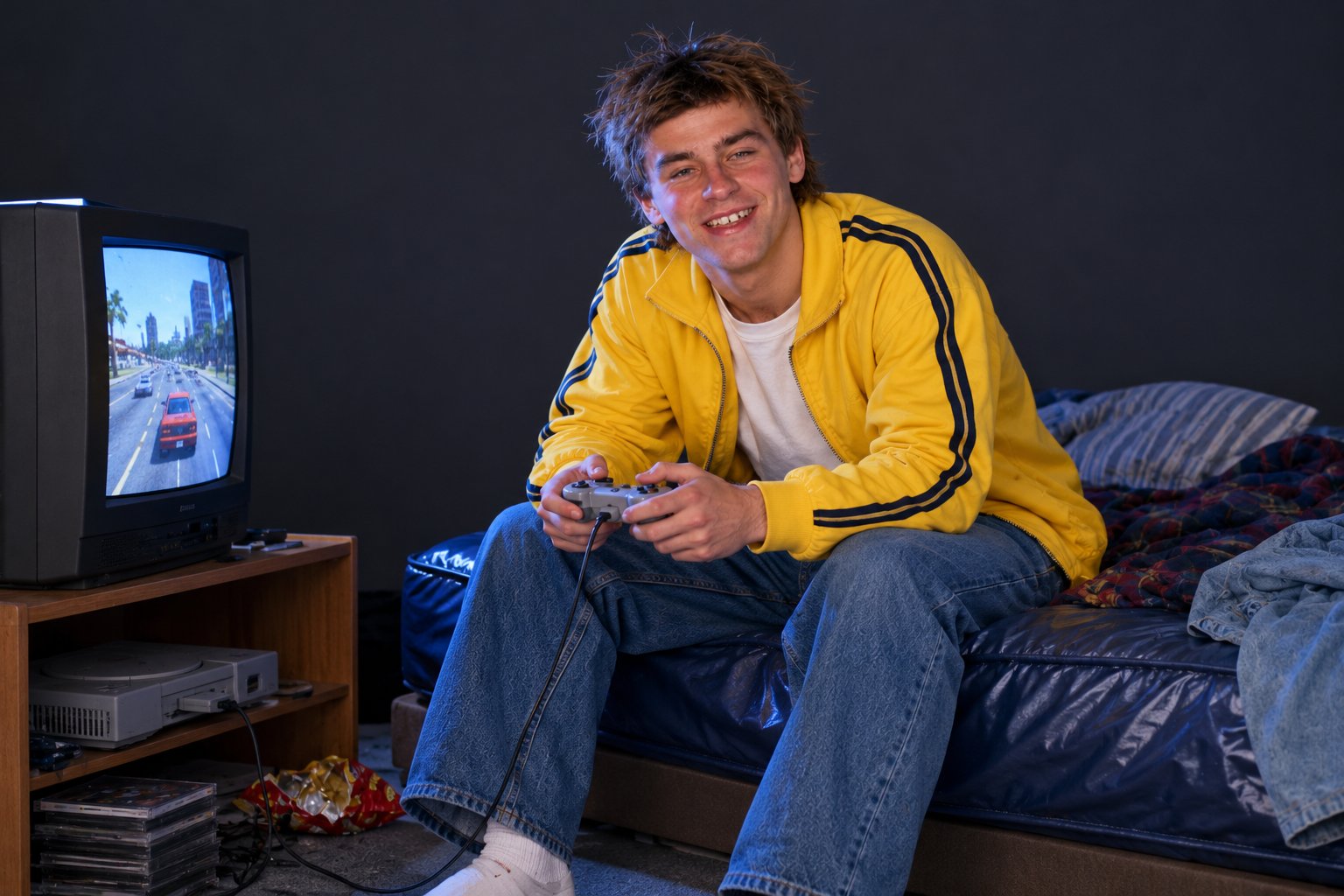 A grinning young man in a yellow jacket plays a car chase video game on a small CRT television in a 1990s bedroom.