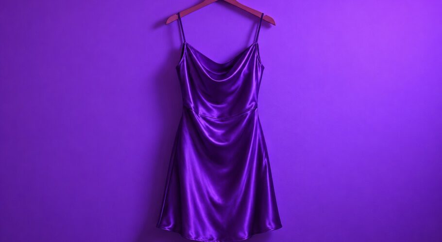 a plain purple satin dress on a wooden hanger against a plain wall photographed in a studio