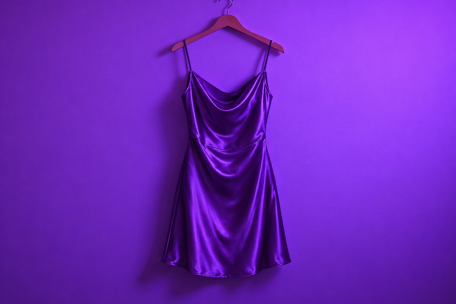 a plain purple satin dress on a wooden hanger against a plain wall photographed in a studio